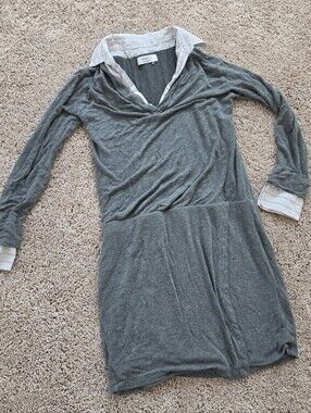 Anthropologie Gray Long-Sleeve Layered Shirt Dress with Striped Collar
